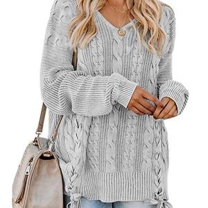 Grey V-Neck Lace Up Sweater